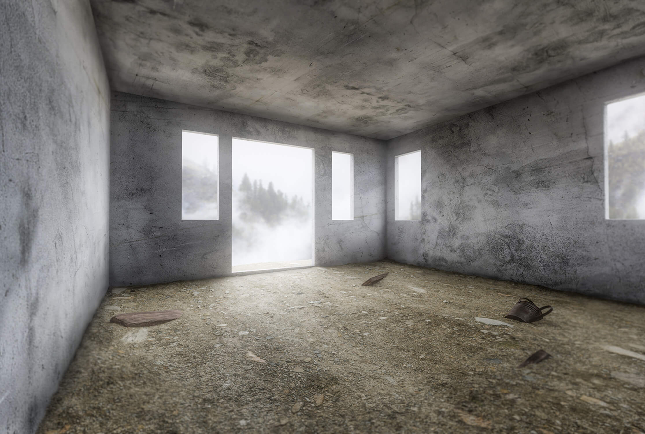 Sunlight through windows in deserted room